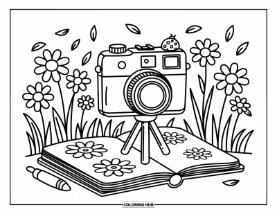 Coloriage d'appareil photo pour adultes : Un petit appareil sur trépied se dresse dans un champ de fleurs avec une coccinelle et un carnet de croquis