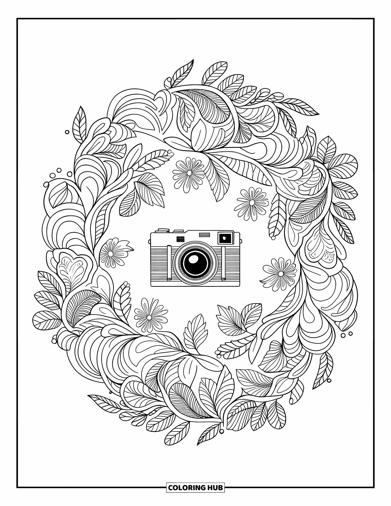 Camera Coloring Page for Adults: A vintage camera sits at the center of a swirling botanical mandala