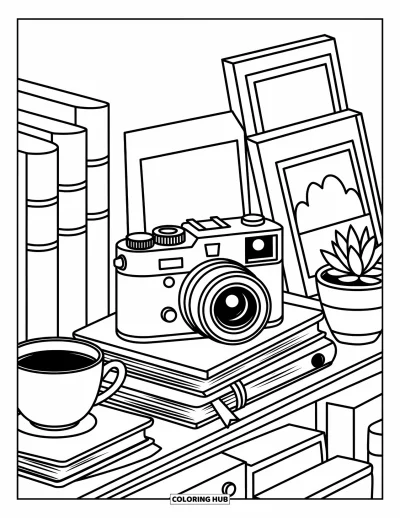 Coloriage d'appareil photo pour adultes : Un appareil vintage est posé à côté d'une tasse de thé, d'une plante grasse et de carnets sur une étagère douillette