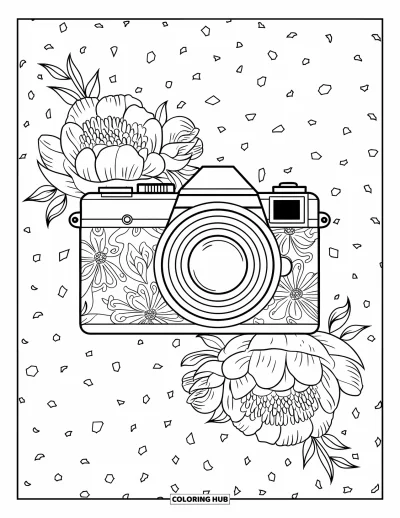 Coloriage d'appareil photo pour adultes : Un appareil reflex est placé au centre de pivoines détaillées et de motifs floraux