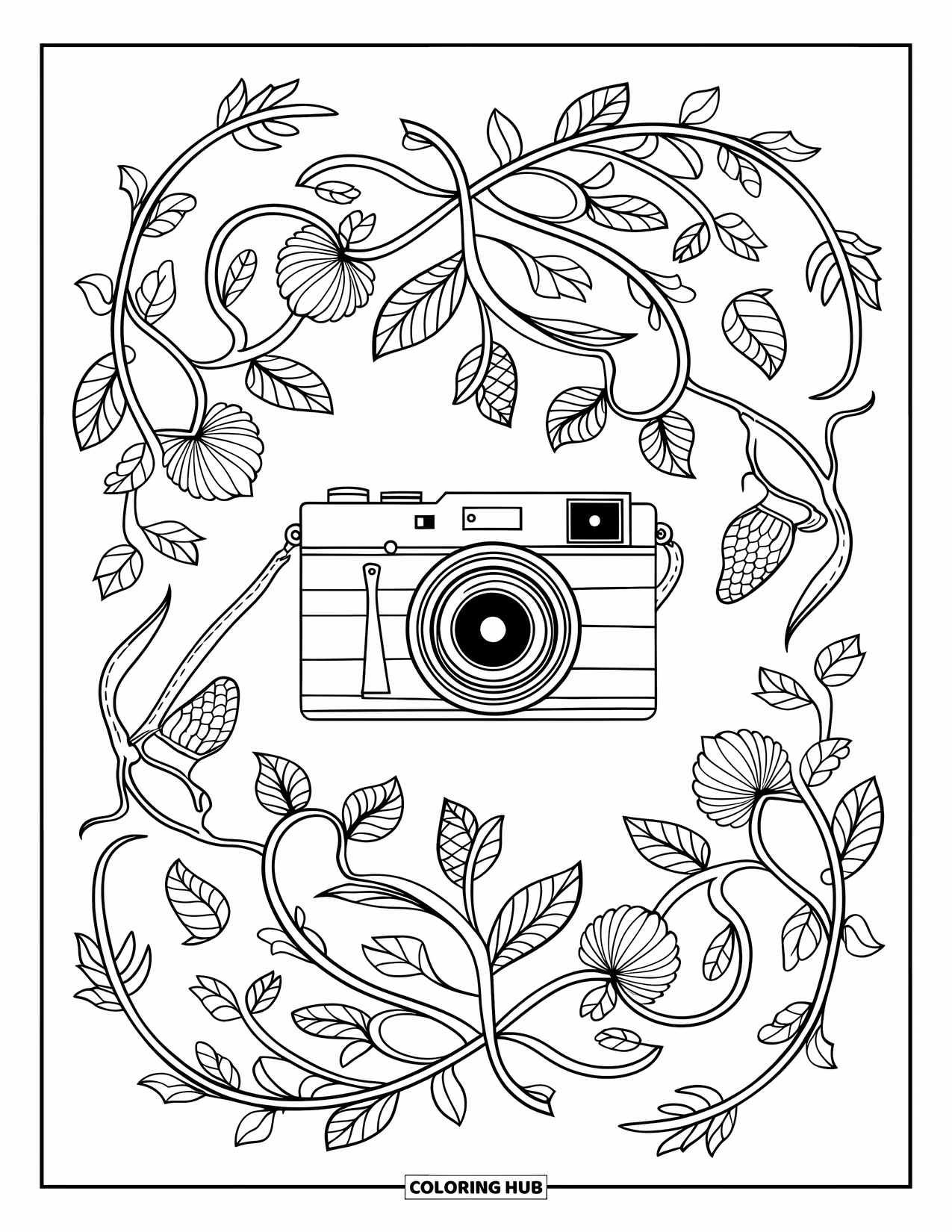 Camera Coloring Page for Adults: Botanical vines and flowers surround a vintage camera in a full-page mandala