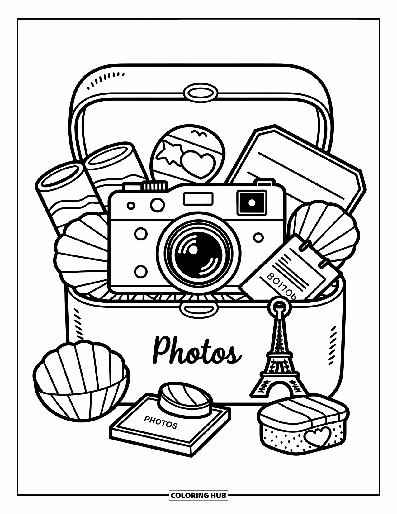 Camera Coloring Page for Adults: Inside a keepsake box, a camera lies among maps, shells, and souvenirs
