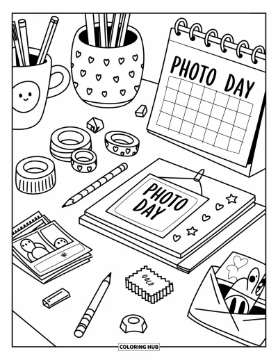 Coloriage d'appareil photo pour adultes : Des tirages photo et du washi tape sont disposés de façon amusante sur un bureau marqué « Photo Day »