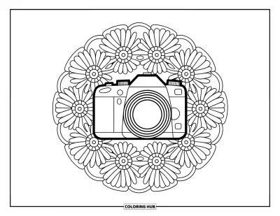 Coloriage d'appareil photo pour adultes : Des tournesols et des marguerites entourent un reflex numérique dans un mandala circulaire
