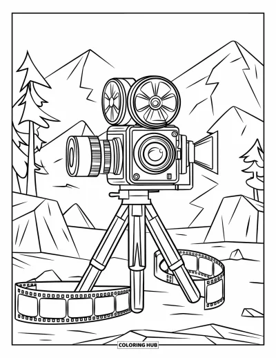 Coloriage d'appareil photo pour enfants : Un appareil photo et un trépied reposent sur des rochers avec des pellicules et des arbres de montagne