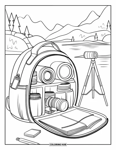 Coloriage d'appareil photo pour enfants : Un sac photo ouvert avec du matériel et des accessoires est posé au bord d'un lac tranquille