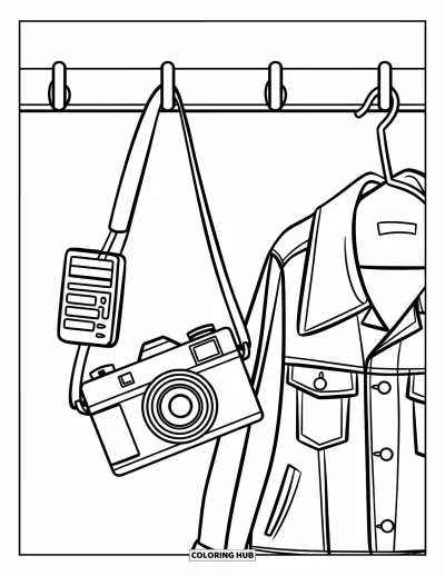 Coloriage d'appareil photo pour enfants : Un appareil photo est accroché à un crochet à côté d'une veste en jean et d'un lecteur de musique