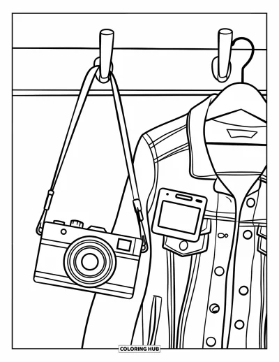 Coloriage d'appareil photo pour enfants : Un appareil photo, une veste et un lecteur de musique sont suspendus soigneusement à un mur