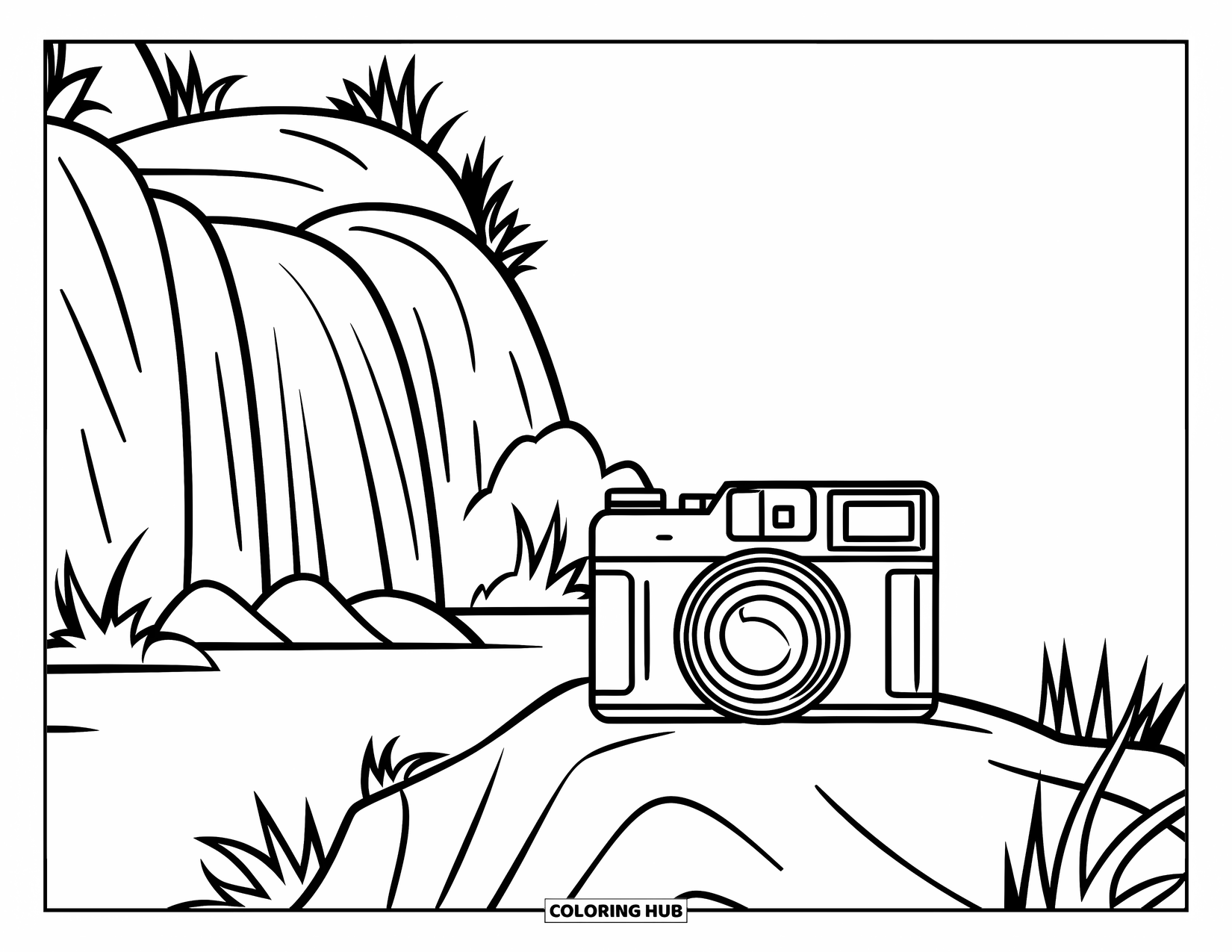 Camera Coloring Page for Kids: A camera on a rock near a waterfall in a calm trail setting
