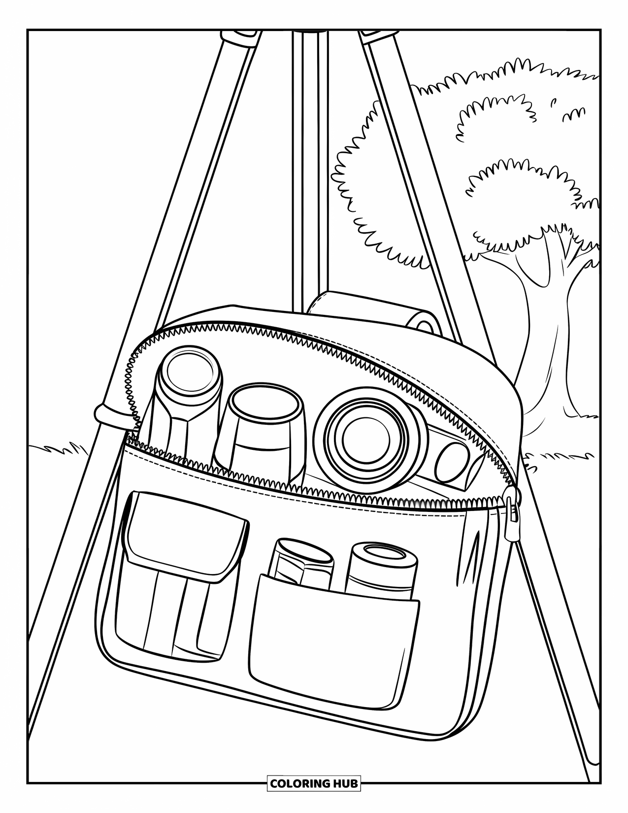 Camera Coloring Page for Kids: A camera pouch on a tripod holds gear with a tree in the background