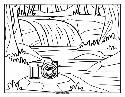 Coloriage d'appareil photo pour enfants : Un appareil photo repose sur un rocher près d'une cascade dans un décor de sentier apaisant