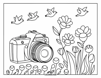 Coloriage d'appareil photo pour enfants : Un appareil photo est posé près de fleurs épanouies avec des oiseaux au-dessus