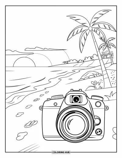 Coloriage d'appareil photo pour enfants : Un appareil reflex numérique capture un coucher de soleil sur la plage avec des palmiers et des rochers