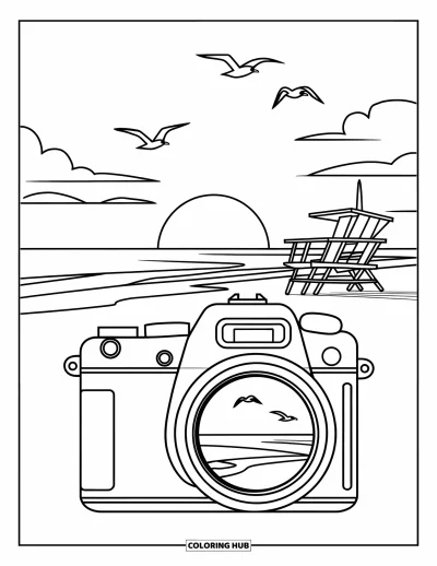 Coloriage d'appareil photo pour enfants : Un reflex numérique capture un coucher de soleil sur la plage près d'une tour de surveillance et de mouettes