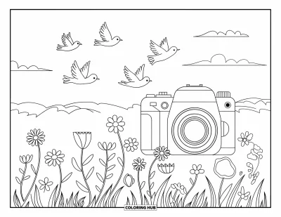Coloriage d'appareil photo pour enfants : Un champ de fleurs et des oiseaux en vol entourent un appareil photo posé sur le sol