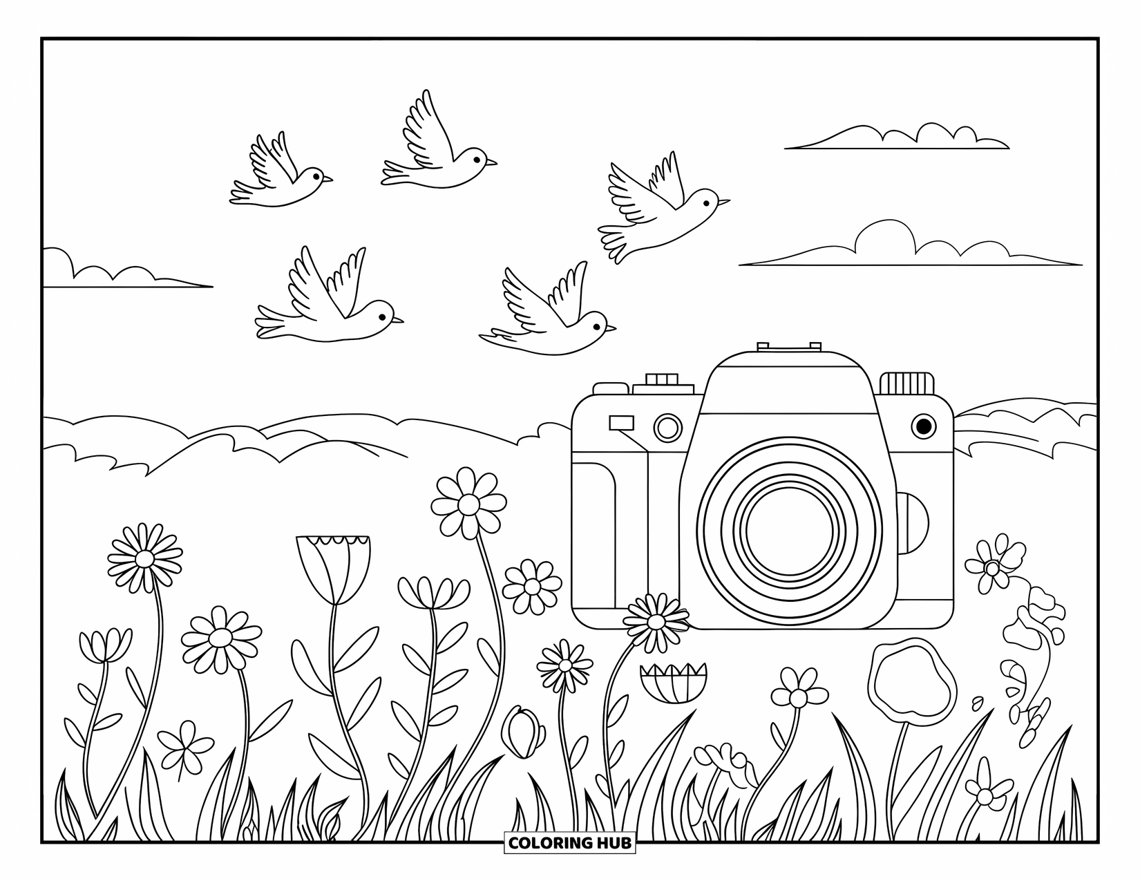 Camera Coloring Page for Kids: A flower field and flying birds surround a camera on the ground