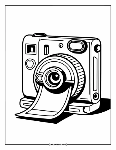 Coloriage d'appareil photo pour enfants : Un appareil instantané décoré de cœurs imprime une photo avec des lignes vives et expressives
