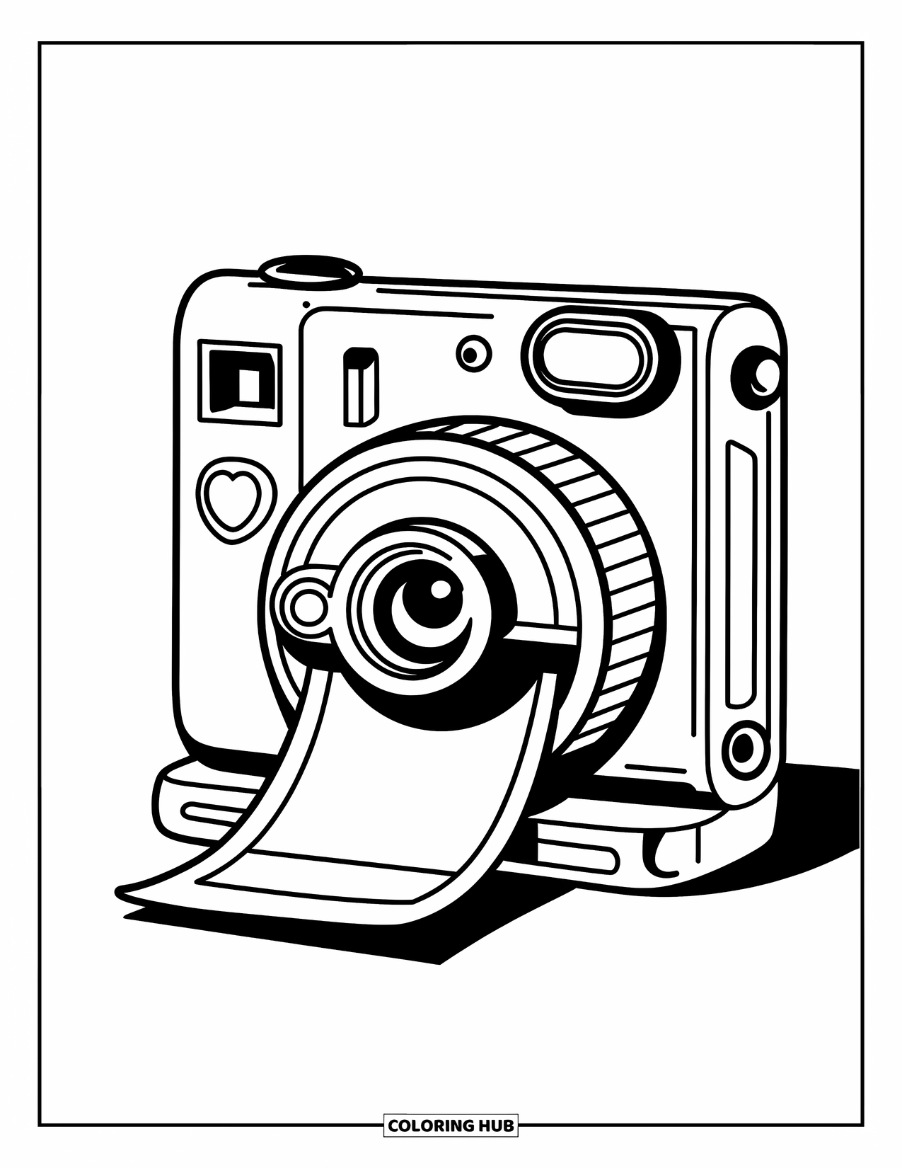 Camera Coloring Page for Kids: A heart-decorated instant camera prints a photo with bold, playful lines