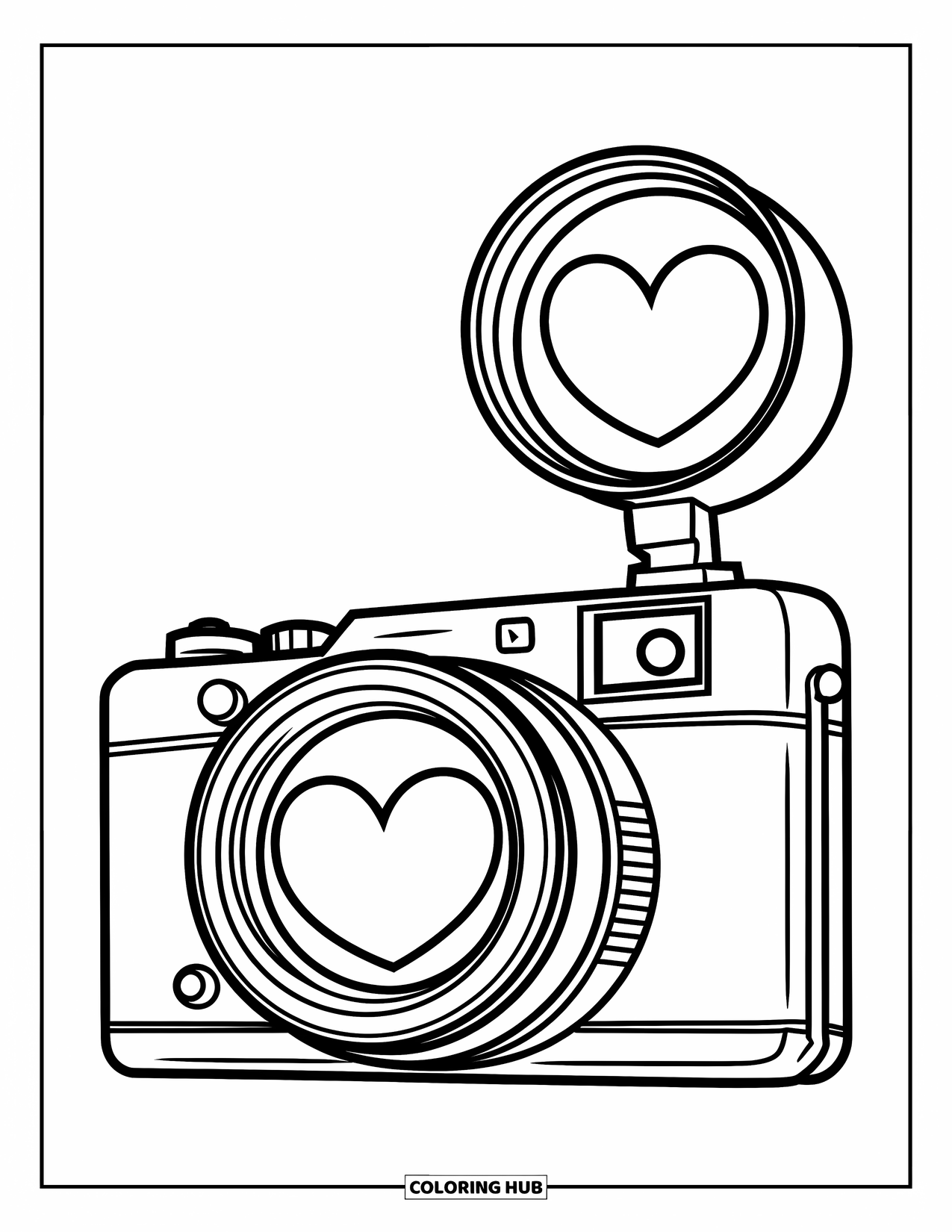 Camera Coloring Page for Kids: A heart-styled retro camera with bold lines invites fun and creativity