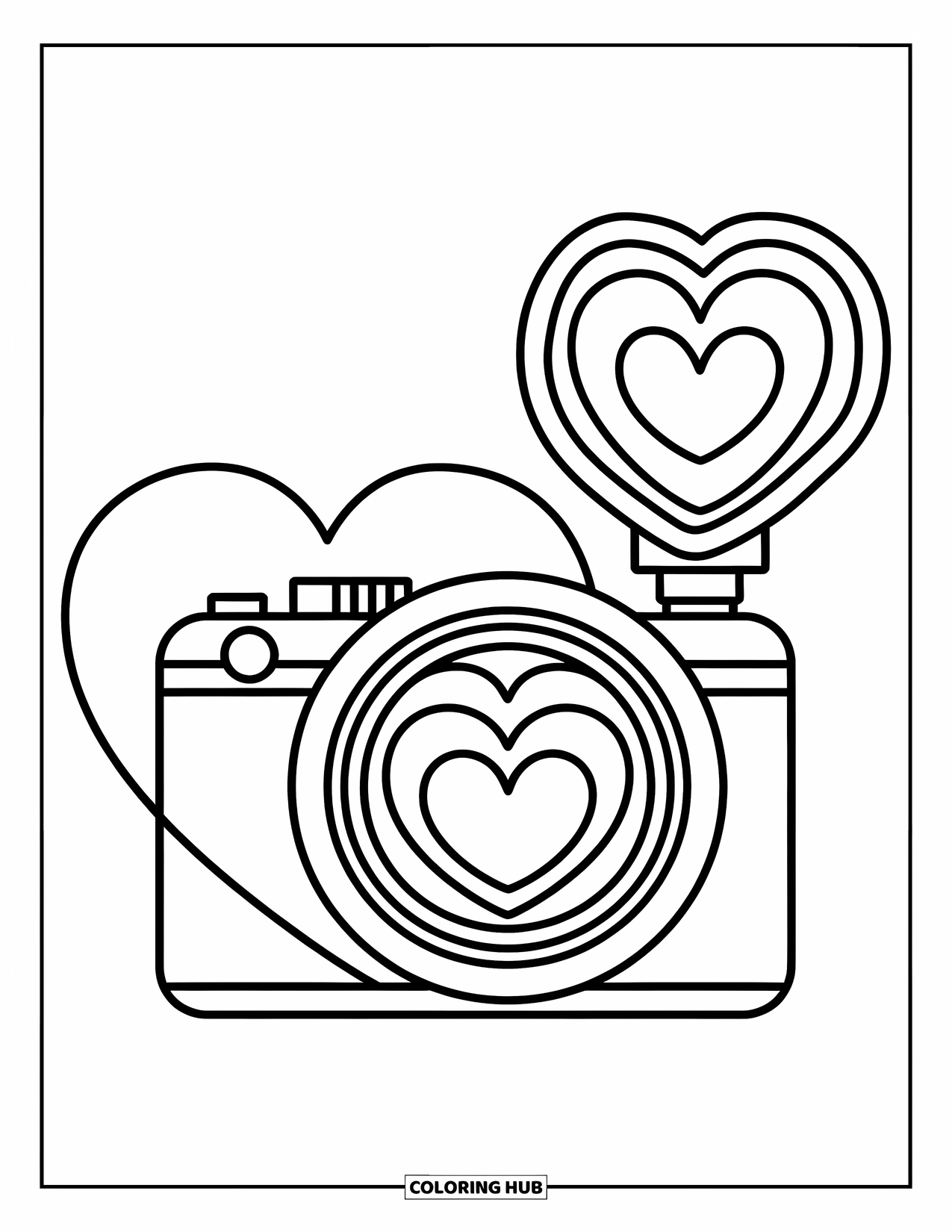 Camera Coloring Page for Kids: A heart-themed camera with round lens and flash stands alone