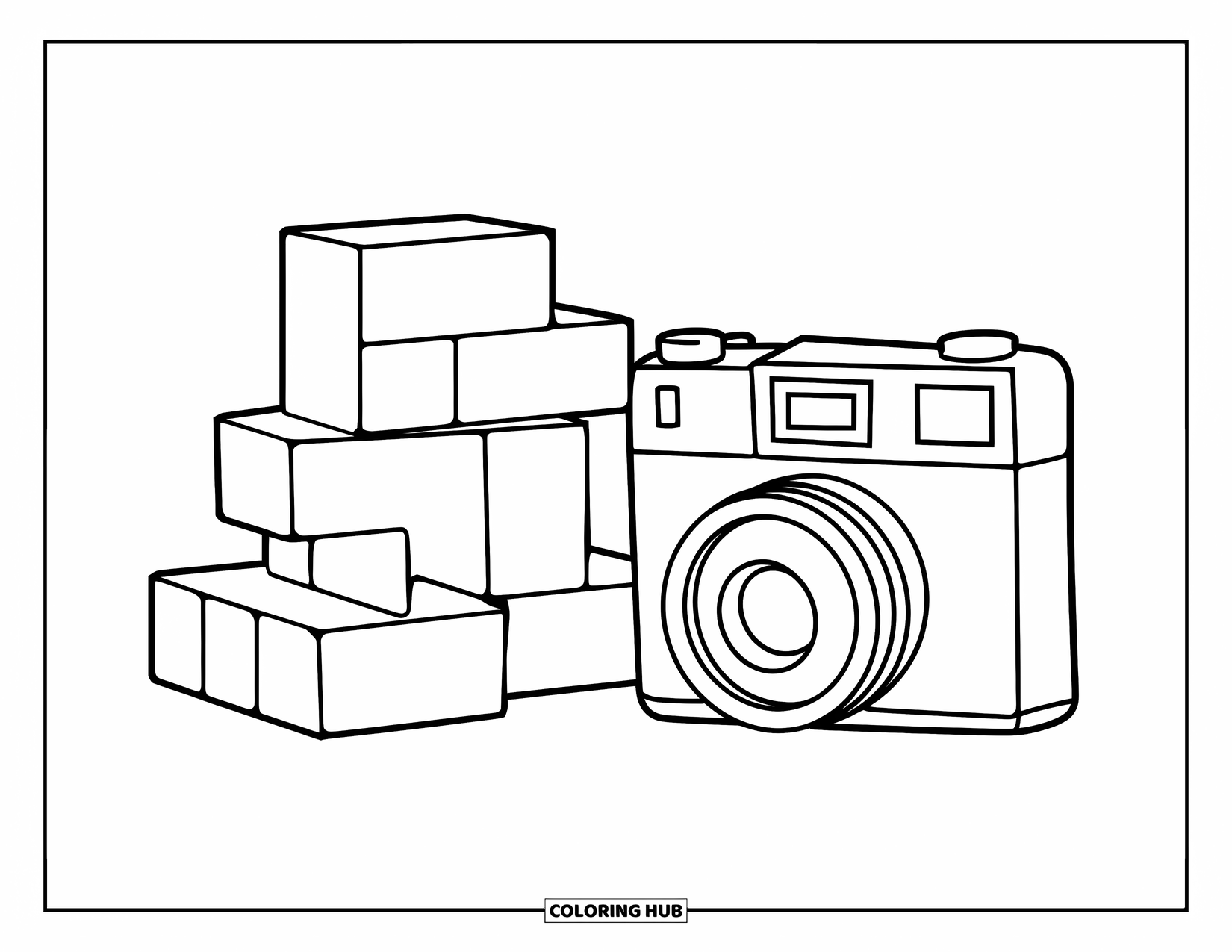 Camera Coloring Page for Kids: A kid's camera and building blocks offer a fun, simple scene