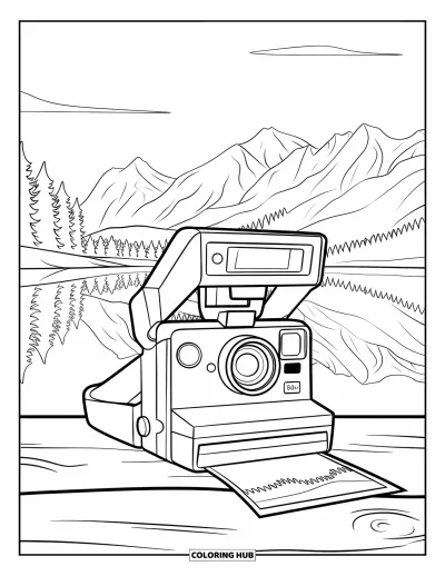 Coloriage d'appareil photo pour enfants : Un appareil instantané imprime une scène de lac paisible avec des arbres et des montagnes