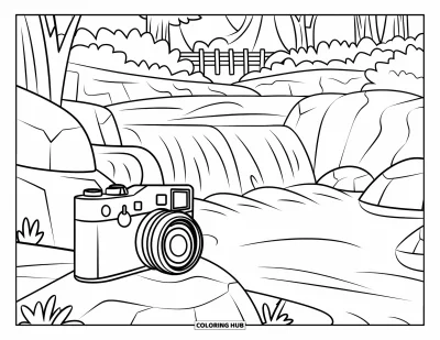 Coloriage d'appareil photo pour enfants : Une scène de randonnée paisible avec une cascade et un appareil photo posé à proximité