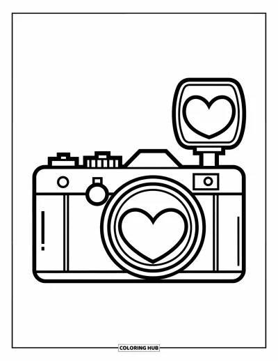Coloriage d'appareil photo pour enfants : Un appareil rétro porte des cœurs sur l'objectif et le flash