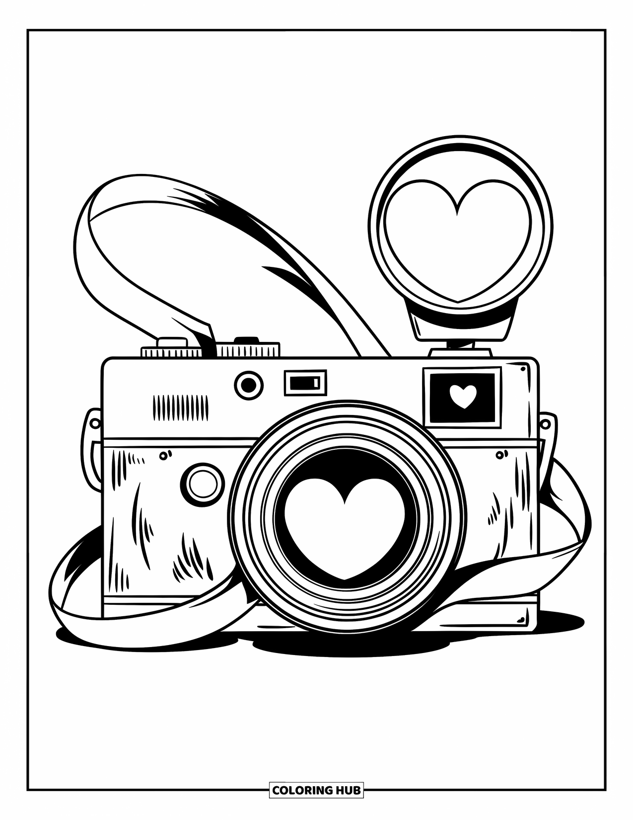Camera Coloring Page for Kids: A ribbon-wrapped camera with heart designs shows a vintage touch