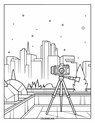 Coloriage d'appareil photo pour enfants : Un appareil sur un toit pointe vers une ligne d'horizon remplie de bâtiments originaux