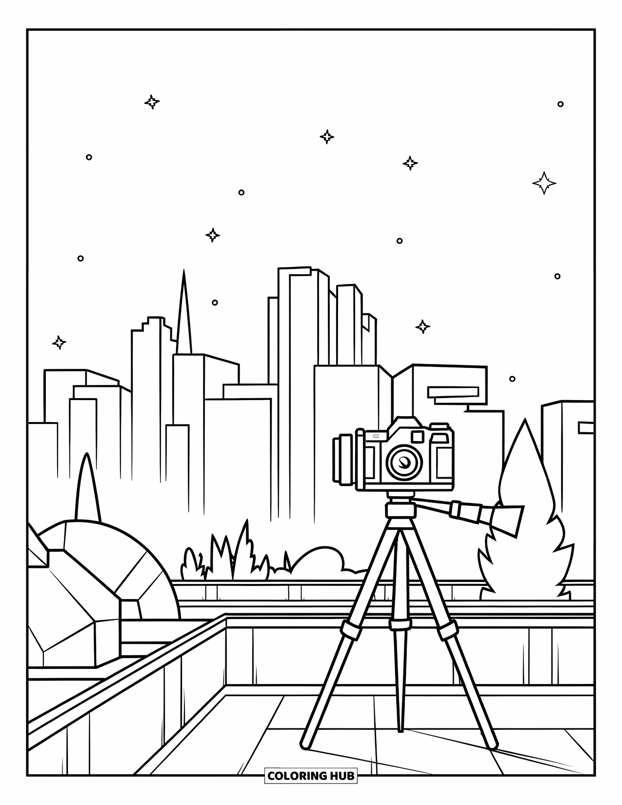 Camera Coloring Page for Kids: A rooftop camera points at a skyline filled with unique buildings