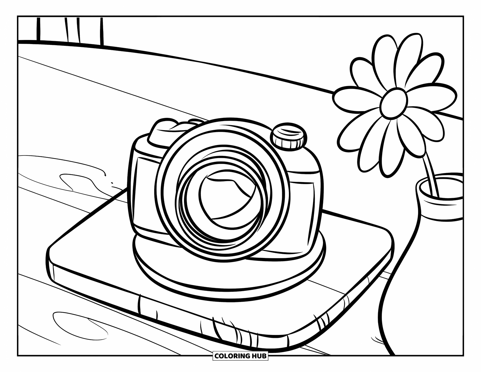 Camera Coloring Page for Kids: A round camera rests beside a flower vase on a wooden board