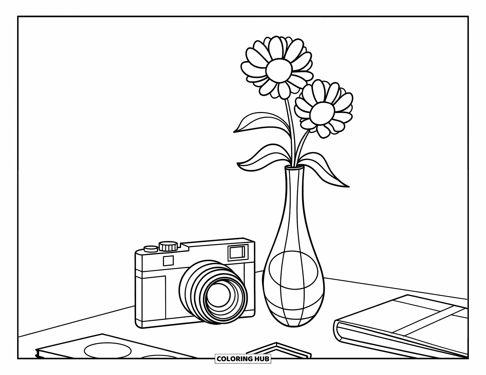 Camera Coloring Page for Kids: A table holds a camera, tall vase, and a book in a cozy setup