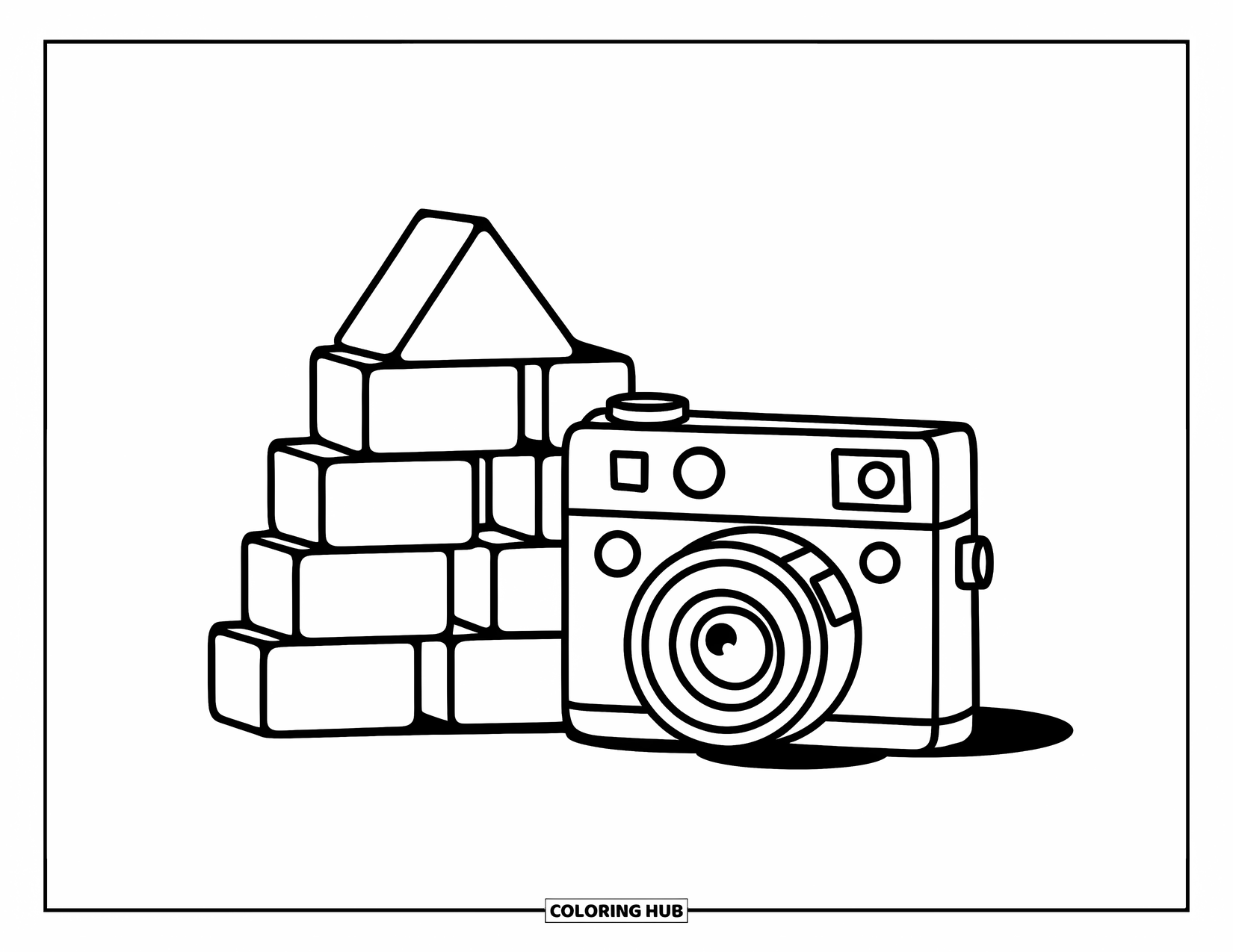 Camera Coloring Page for Kids: A tiny camera with blocks stacked beside it forms a cheerful preschool scene