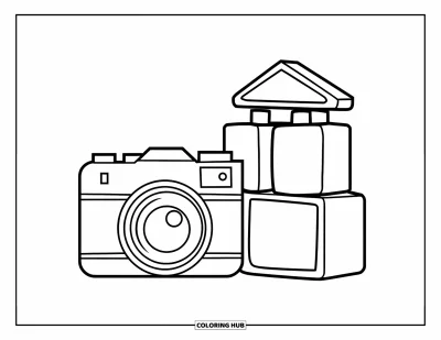 Coloriage d'appareil photo pour enfants : Un appareil jouet est placé à côté de blocs empilés sur un fond neutre