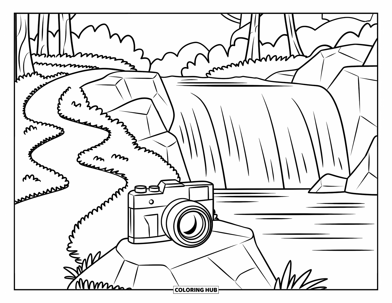 Camera Coloring Page for Kids: A trail winds past trees and a waterfall with a camera nearby