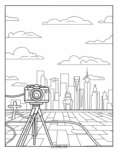 Coloriage d'appareil photo pour enfants : Un appareil sur trépied capture la silhouette d'une ville sous des nuages duveteux