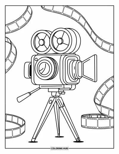 Coloriage d'appareil photo pour enfants : Un appareil photo bi-objectif sur un trépied est entouré de rouleaux de pellicule