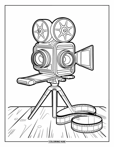 Coloriage d'appareil photo pour enfants : Un appareil bi-objectif est posé sur une plateforme avec des rouleaux de pellicule enroulés autour