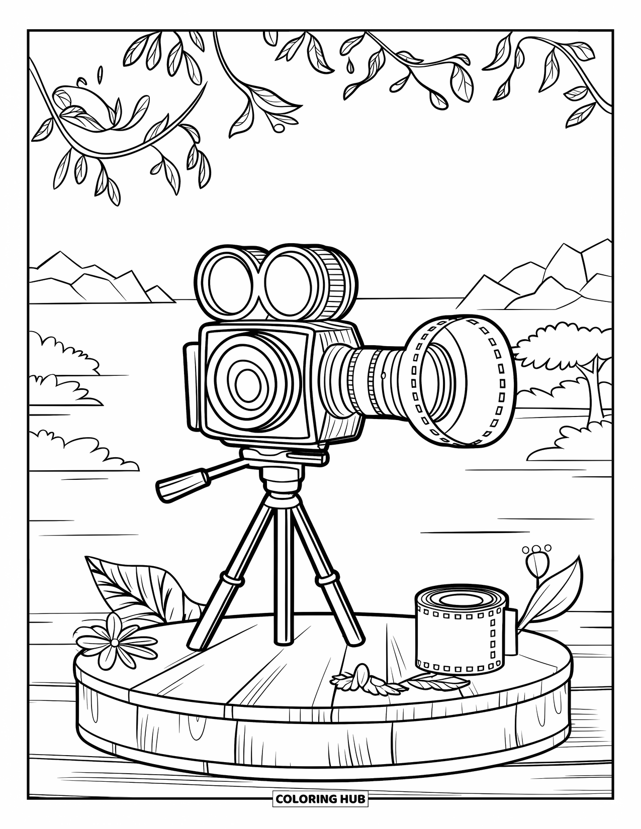 Camera Coloring Page for Kids: A vintage camera and tripod sit among flowers and a peaceful mountain view