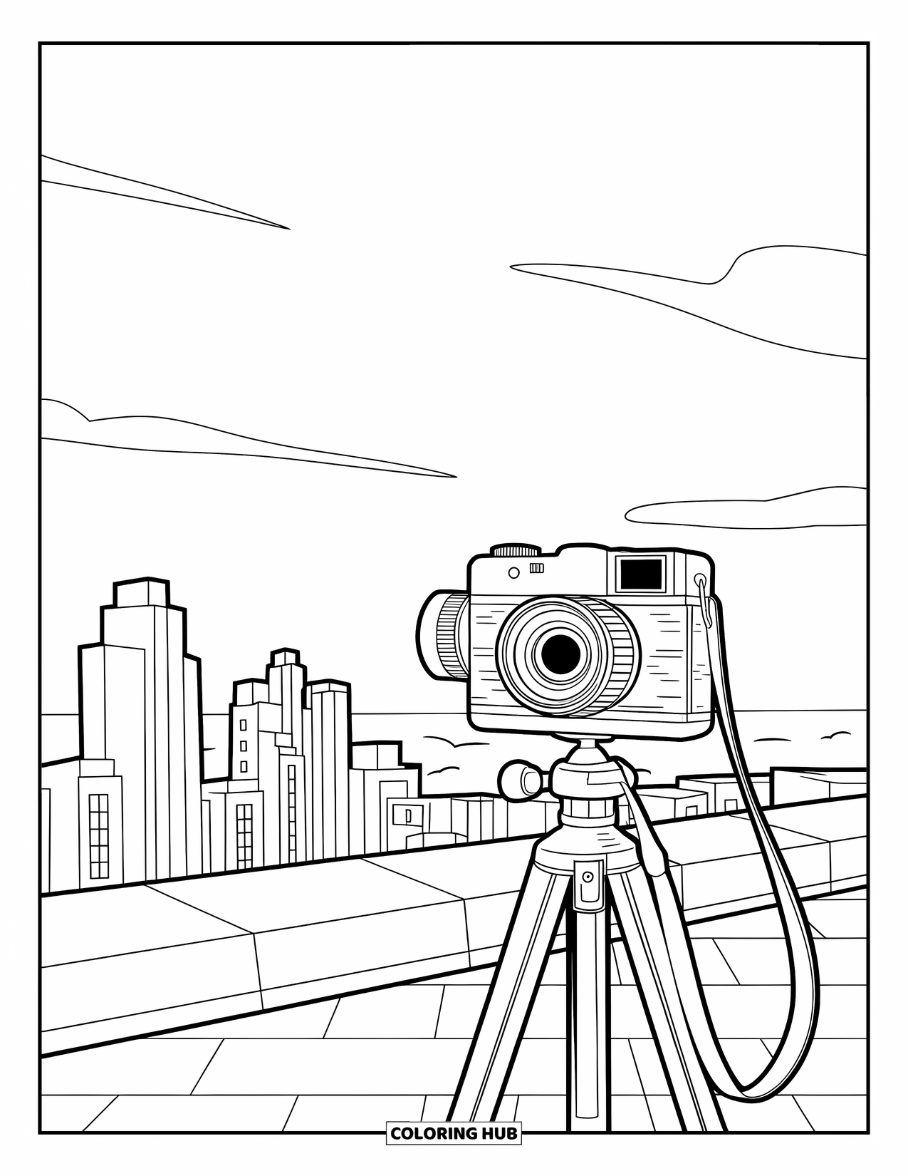 Camera Coloring Page for Kids: A vintage camera on a rooftop faces tall buildings and clear skies