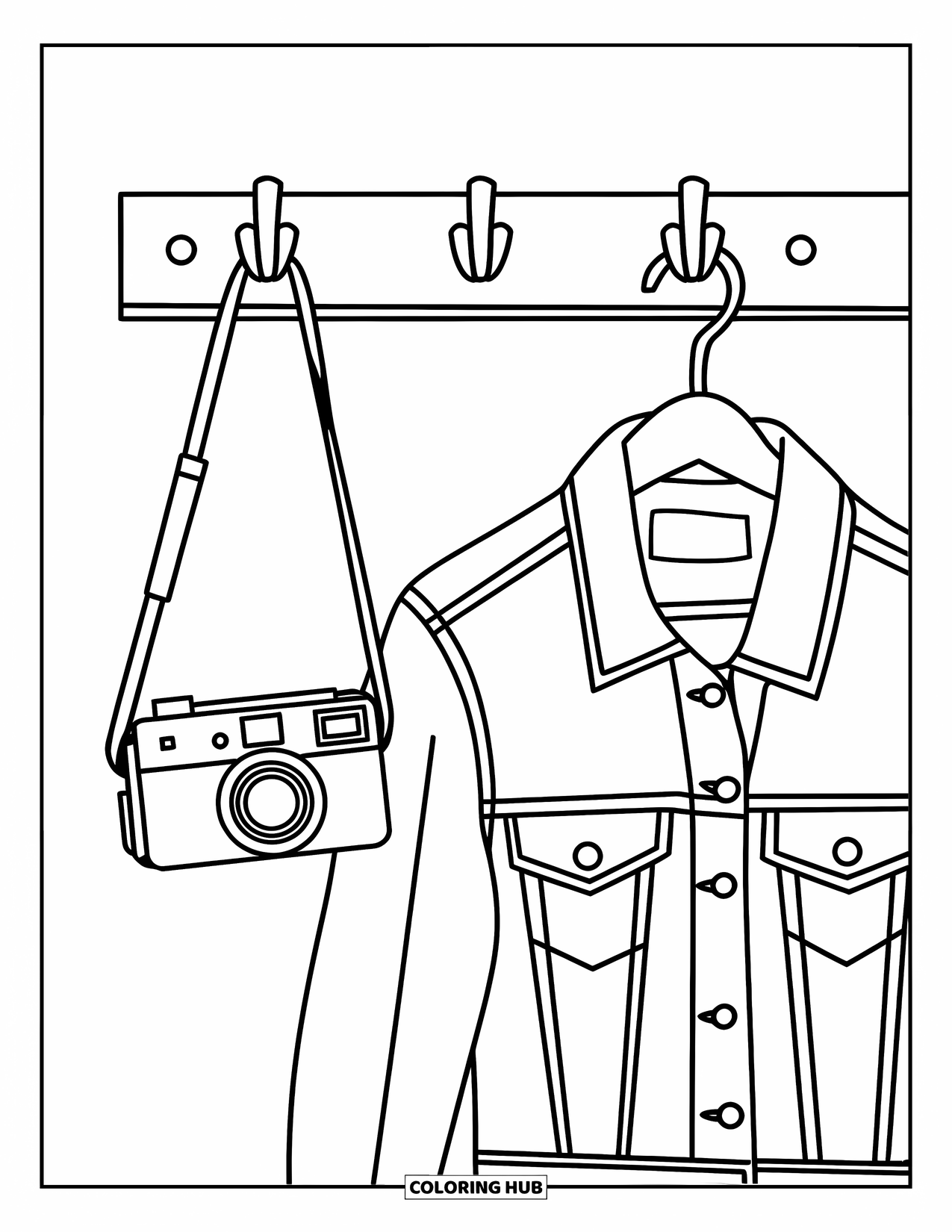 Camera Coloring Page for Kids: A wall hook holds a camera, jacket, and music player in a cozy corner