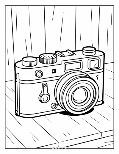 Coloriage d'appareil photo pour enfants : Un appareil photo jouet en bois avec de grands boutons se détache sur un fond épuré