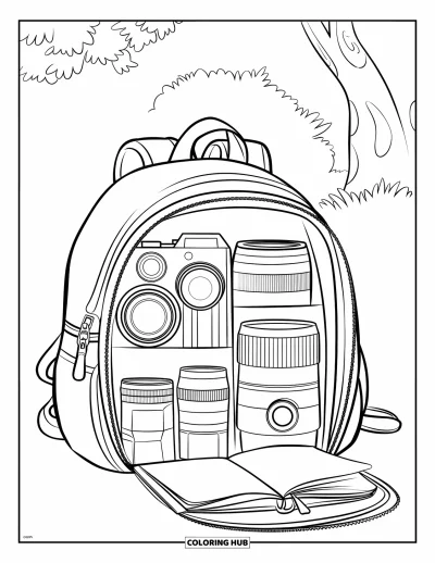Coloriage d'appareil photo pour enfants : Un sac à dos ouvert révèle du matériel photo et un carnet près d'un arbre
