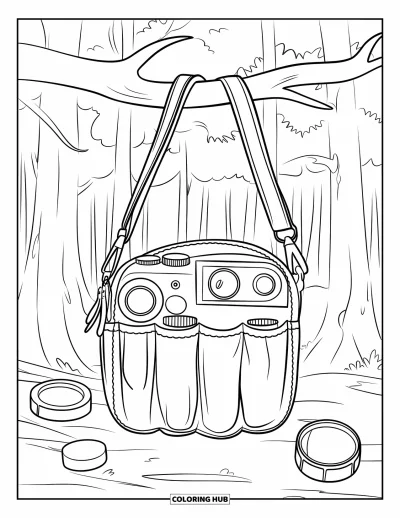 Coloriage d'appareil photo pour enfants : Une pochette ouverte remplie d'accessoires est suspendue à un arbre dans une forêt tranquille