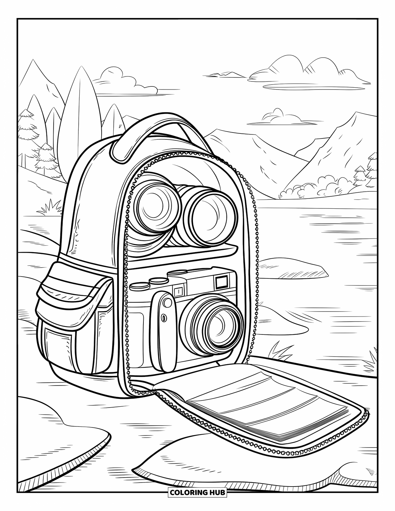 Camera Coloring Page for Kids: Camera gear and journal pages peek from an open backpack by a mountain view