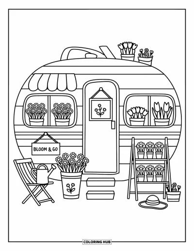 Coloriage de camping-car pour adultes : Un camping-car fleuri "Bloom & Go" vend de joyeuses fleurs en pots et des bouquets emballés