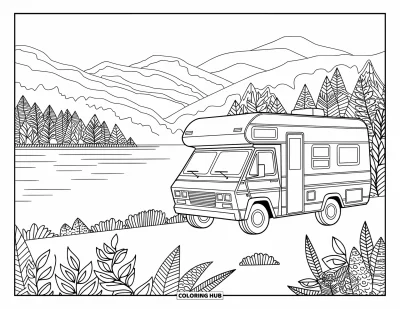 Coloriage de camping-car pour adultes : Un lac tranquille et des montagnes lointaines entourent un camping-car aux lignes précises et détaillées