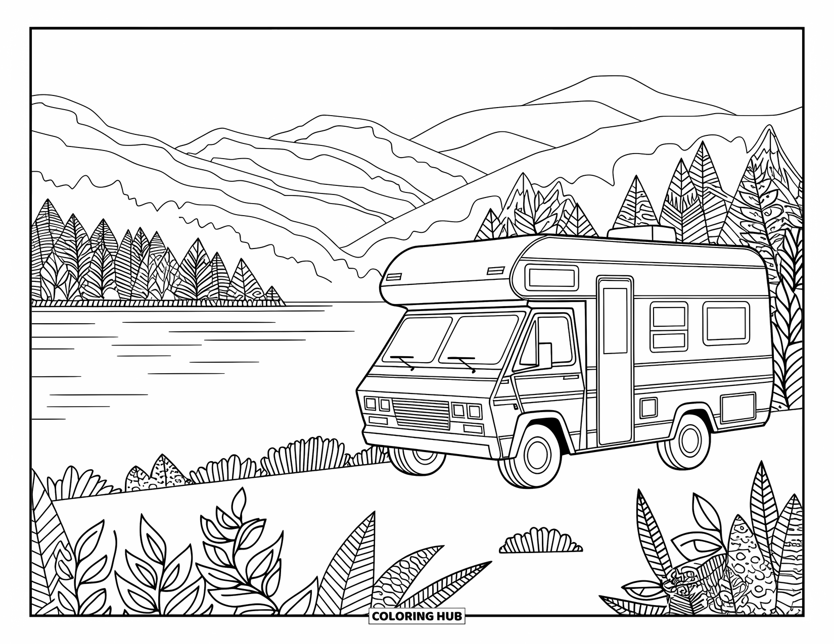 Camper Coloring Page for Adults: A calm lake and distant mountains surround a camper filled with crisp, detailed lines