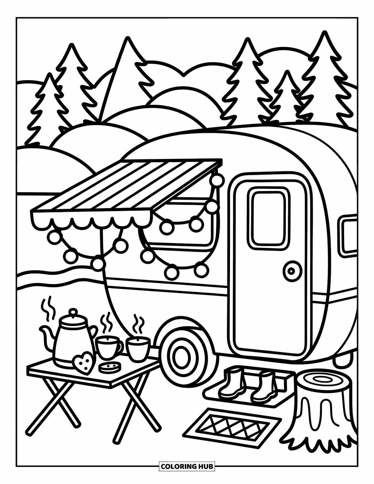 Camper Coloring Page for Adults: A camper by the lake offers tea, cookies, and glowing lights on a foldable table